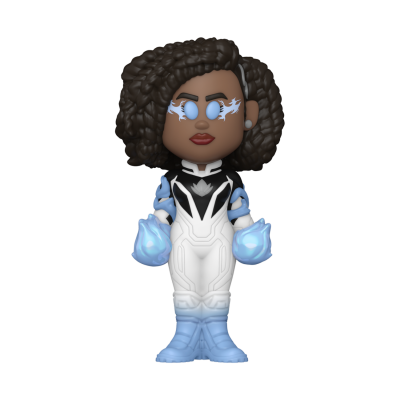 Figura colecionável tipo Funko Pop com cabelo encaracolado preto e traje branco e azul