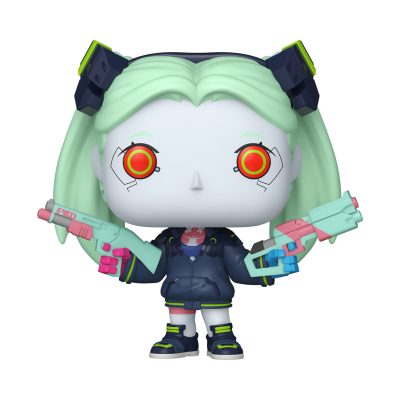 Figura Funko Pop de personagem com cabelo verde claro e duas armas coloridas.