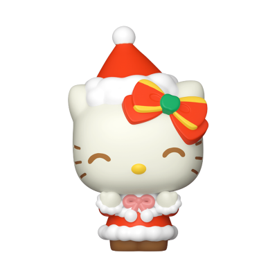 Figura colecionável da Hello Kitty em traje de Natal com chapéu e laço coloridos
