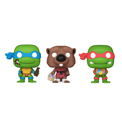 Três figuras Funko Pop de tartarugas ninja e um castor