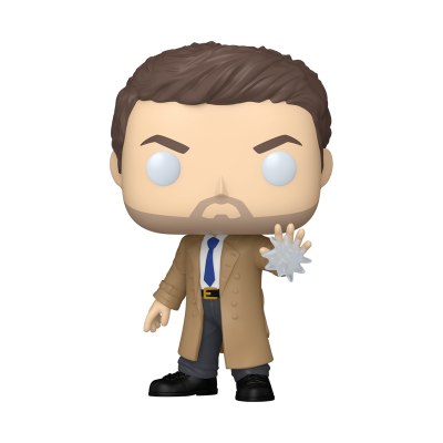 Figura de vinil estilo Funko Pop de homem com casaco bege e gravata azul segurando objeto transparente
