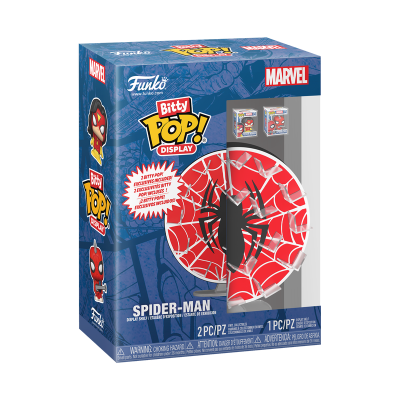 Embalagem Funko Bitty Pop! Display Spider-Man azul e vermelho com aranha e teias de aranha