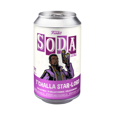 Lata Funko SODA T'CHALLA STAR-LORD branca e roxa com ilustração de personagem
