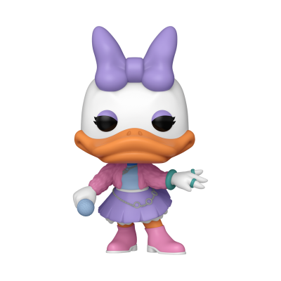 Figura colecionável estilizada de pato com laço roxo e roupa colorida
