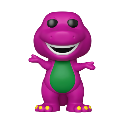 Figura roxa de dinossauro Barney com barriga verde e olhos pretos