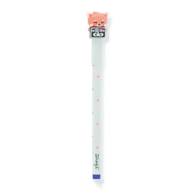 Caneta com topo de raposa cor-de-rosa segurando uma placa