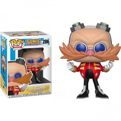 Figura Pop! Games Dr. Eggman de Sonic The Hedgehog em vinil com óculos azuis e roupa vermelha ao lado da caixa