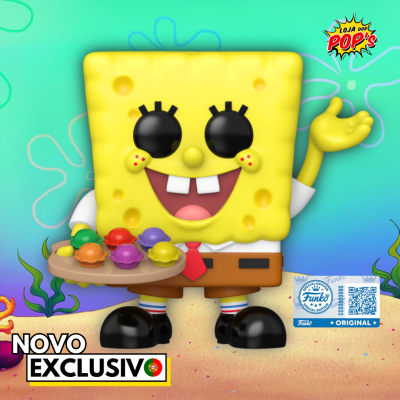 Figura Funko Pop SpongeBob com bandeja de conchas coloridas em fundo azul-marinho