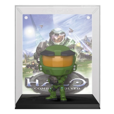 Figura Funko Pop do Master Chief do jogo Halo com fundo ilustrativo dentro de caixa transparente.
