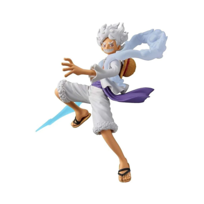 Figura colecionável de personagem com cabelo branco e roupa branca e roxa em fundo branco