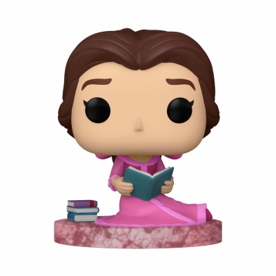 Funko Pop de personagem feminina com vestido rosa a ler um livro sentado numa base rosa marmoreada com livros ao lado