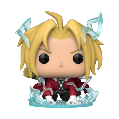 Figura Funko Pop de personagem com cabelo loiro e casaco vermelho agachado em base azul com ondas transparentes