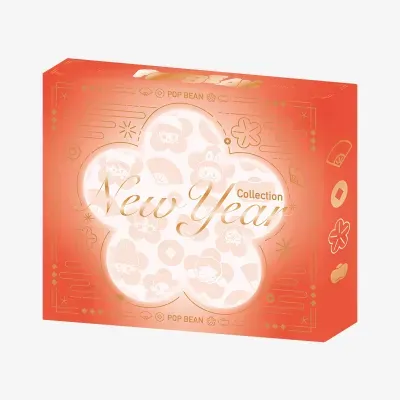 Caixa vermelha com corte em forma de flor e texto New Year Collection