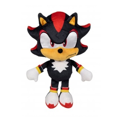 Pelúcia do personagem Shadow the Hedgehog com cores preto, vermelho, bege e branco