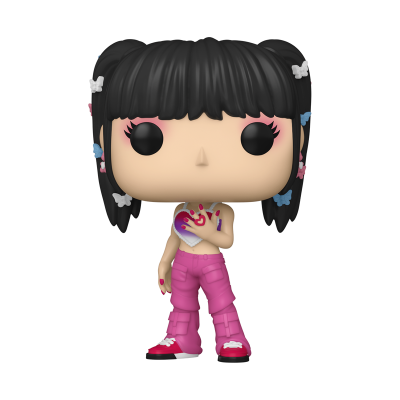 Figura Funko Pop com cabelo preto, acessórios de borboletas coloridos e roupa rosa.