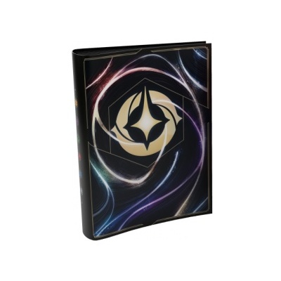 Estojo preto com padrões ondulados coloridos e símbolo geométrico dourado e preto