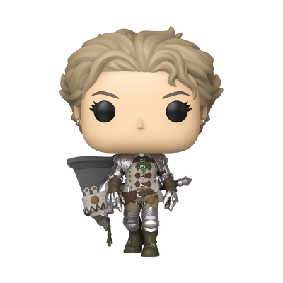 Figura Funko Pop com armadura prateada e cabelo loiro claro
