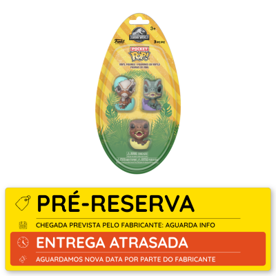 Embalagem com 3 figuras vinil Pocket Pop! Jurassic World amarelo e verde.