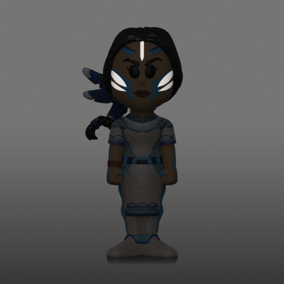 Boneco colecionável estilizado de personagem feminina com vestuário cinza e azul