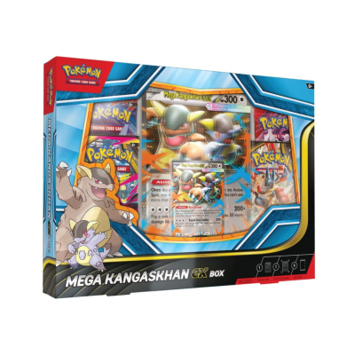 Caixa do jogo de cartas Pokémon Mega Kangaskhan EX com arte e cartas visíveis