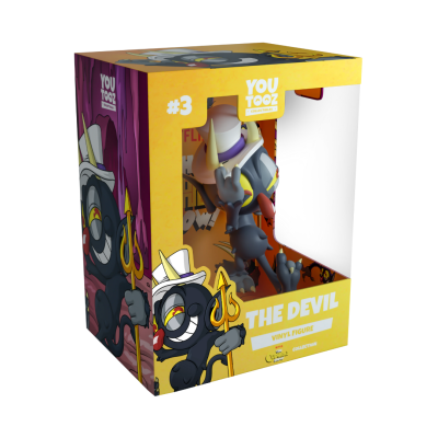 Figura de vinil 'THE DEVIL' YOUTOOZ na caixa amarela e roxa com visor