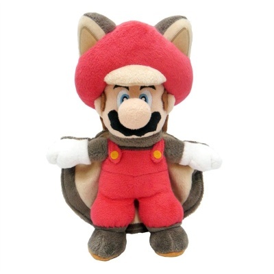 Peluche do personagem Mario com fato vermelho e bege e cauda castanha