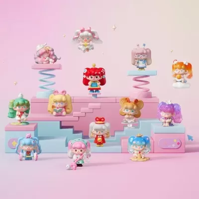 Figuras coloridas de personagens caricaturais em suporte rosa e azul