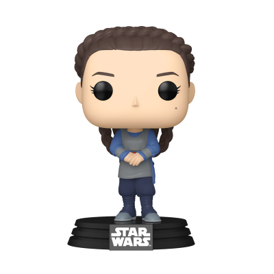 Figura Funko Pop de personagem feminino de Star Wars com cabelo castanho trançado e roupa azul e cinzenta