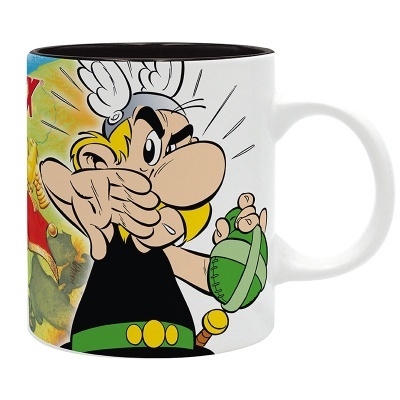 Caneca branca com personagem Astérix desenhado a apontar, interior preto.
