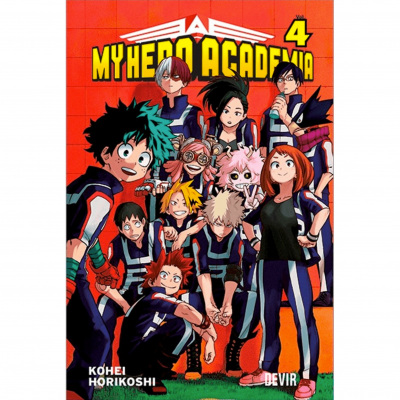 Capa do volume 4 da banda desenhada My Hero Academia com personagens em trajes escolares e fundo vermelho