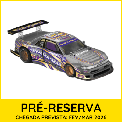 Miniatura de carro de corrida cinza com detalhes roxos e amarelos e texto de pré-reserva