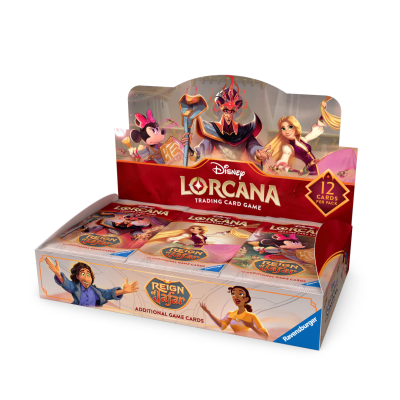 Caixa aberta com pacotes de cartas Disney Lorcana para jogo de cartas