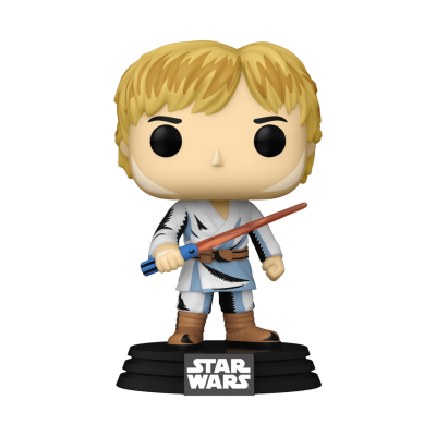 Boneco Funko Pop de Luke Skywalker de Star Wars em roupa branca e castanha com lightsaber vermelho