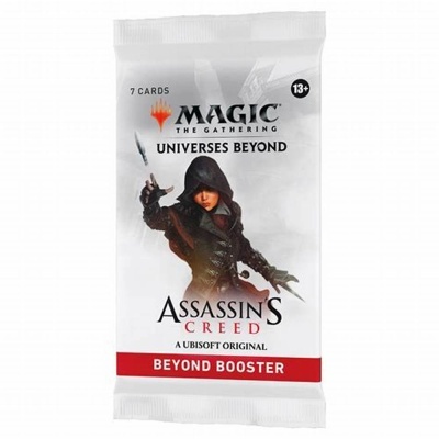 Pacote branco de Magic The Gathering com personagem Assassin's Creed e texto indicativo