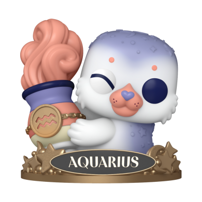 Figura decorativa signo zodiacal Aquário com base dourada e texto AQUARIUS