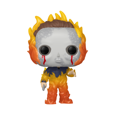 Figura Funko Pop com rosto cinzento e chamas laranja e amarelas