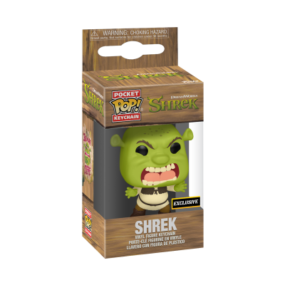 Chaveiro vinil Shrek Pocket Pop! em caixa de embalagem com design de madeira