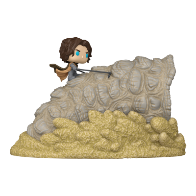 Figura colecionável de vinil de personagem montada em criatura cinza rugosa sobre base amarela texturizada