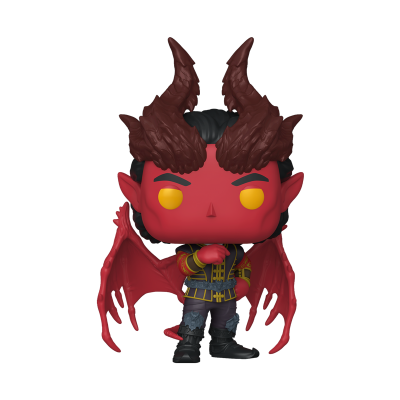 Funko Pop personagem demoníaco com chifres, pele vermelha, asas vermelhas e roupa azul com detalhes dourados