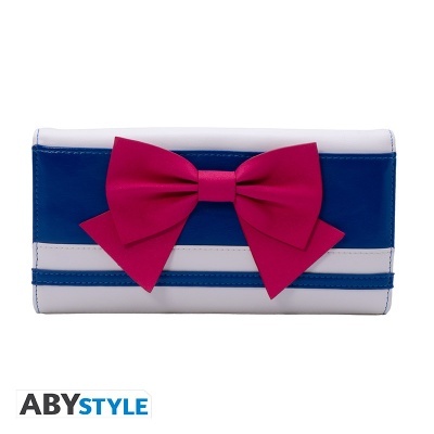 Carteira retangular azul, branca com laço vermelho