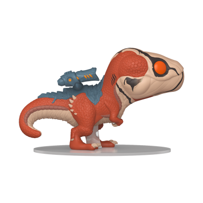 Figura estilizada de dinossauro vermelho e bege com arma azul