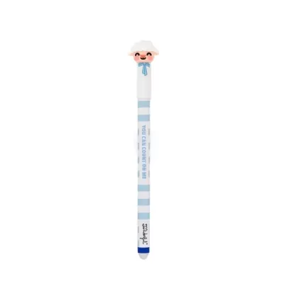 Caneta riscas azuis com tampa de ovelha sorridente