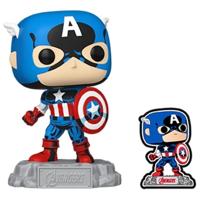 Figura Funko Pop do Capitão América com escudo num suporte cinzento