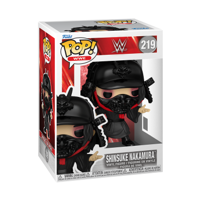 Boneco Funko Pop WWE de Shinsuke Nakamura com máscara e chapéu preto na caixa