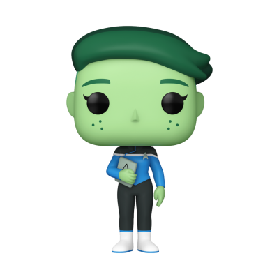 Boneco Funko Pop com pele e cabelo verdes e roupa preta e azul