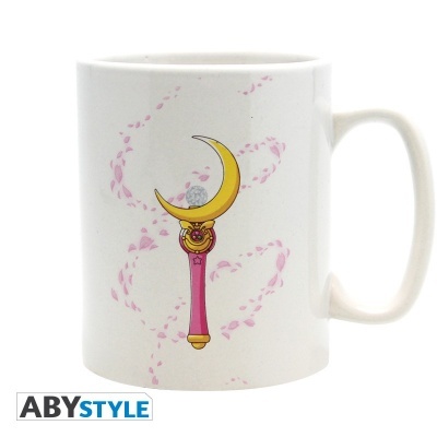 Caneca branca com cetro cor de rosa e amarelo e folhas rosas