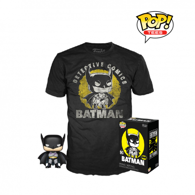 T-shirt preta com figura e caixa colecionável de Batman em estilo cartoon