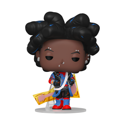 Boneco Funko Pop com cabelo preto e mechas azuis, casaco azul e vermelho, calças vermelhas, segurando guitarra amarela.