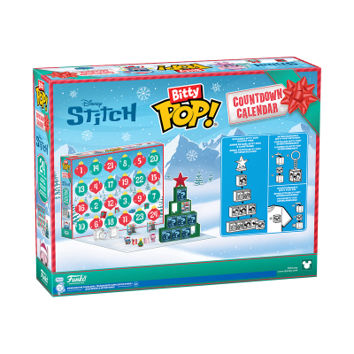 Calendário de advento Bitty Pop Disney Stitch com caixas numeradas e embalagem azul de inverno