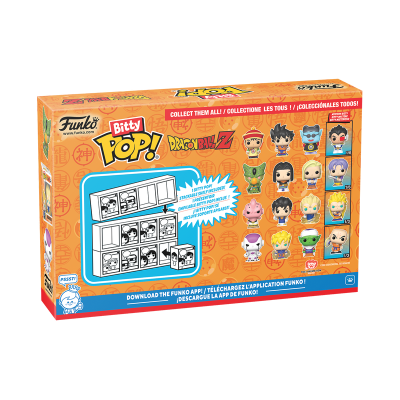 Embalagem laranja Funko Bitty Pop! Dragon Ball Z com personagens colecionáveis